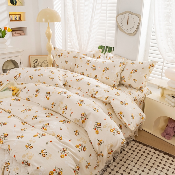 91家纺网 家纺一手货源 找家纺 琉宿家纺 2025新款全棉13372蕾丝夹棉印花床裙 花香语曼