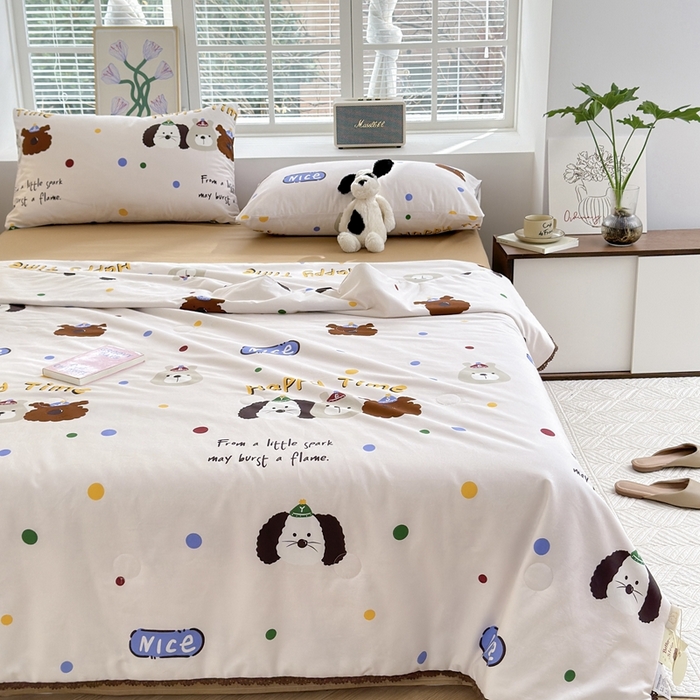 91家纺网 家纺一手货源 找家纺 星期八 2024新款全棉夏被四件套 波点狗