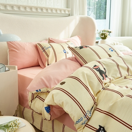 富之航家纺 2024新款提花泡泡棉四件套 喵星人-橘色