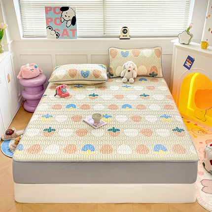 米帛家纺 2024新款A类凉感丝卡通乳胶凉席-床笠款 莓莓果果咖