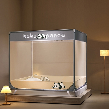  伊而梦蚊帐 2024新款熊猫印花U形三开门坐床蚊帐 熊猫-杏