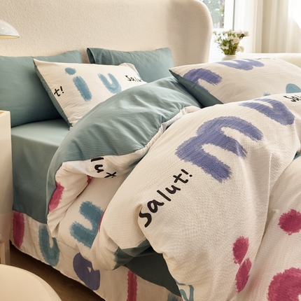 富之航家纺 2024新款提花泡泡棉四件套 七彩兔