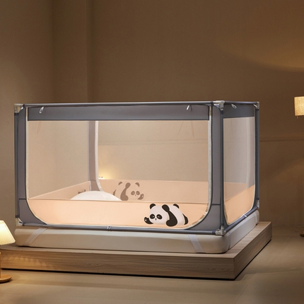  伊而梦蚊帐 2024新款围栏防摔U形三开门坐床蚊帐 围栏款-熊猫-粉