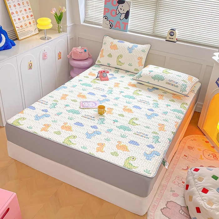 91家纺网 家纺一手货源 找家纺 米帛家纺 2024新款A类凉感丝卡通乳胶凉席-绑带款 童心恐龙