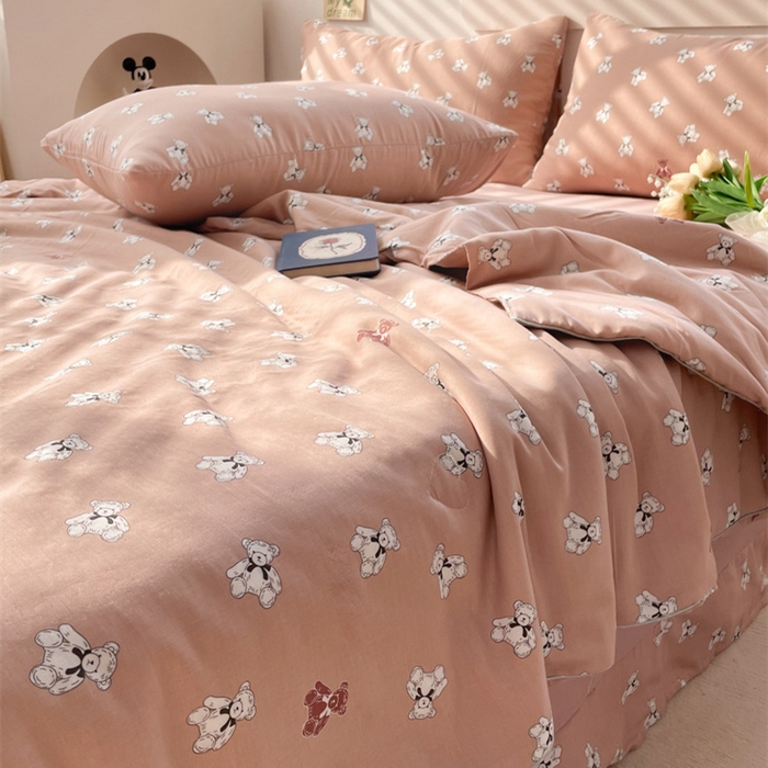 91家纺网 家纺一手货源 找家纺 迷尚 2024新款全棉双层纱大豆夏被 泰迪熊粉