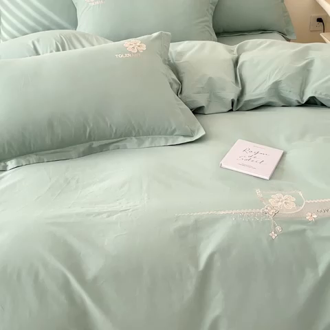 91家纺网 家纺一手货源 找家纺 U品汇 A类全棉色织水洗棉刺绣花四件套纯棉100%床单被套 可可小香-艾草绿