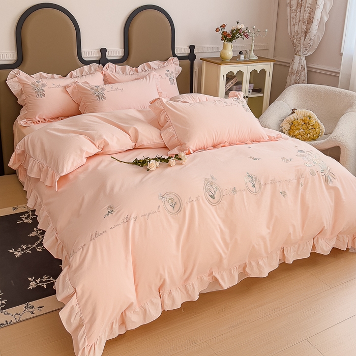 91家纺网 家纺一手货源 找家纺 U品汇 A类全棉色织水洗棉刺绣花四件套纯棉100%韩版小清新 温婉-粉玉