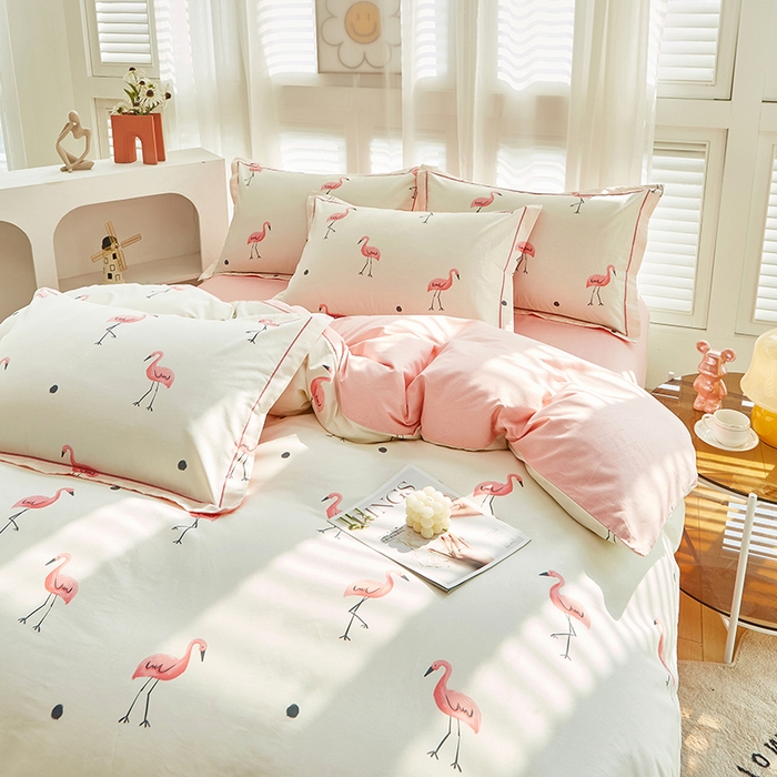 91家纺网 家纺一手货源 找家纺 雲归梦 2024新款全棉活性13372印花四件套 火烈鸟 米