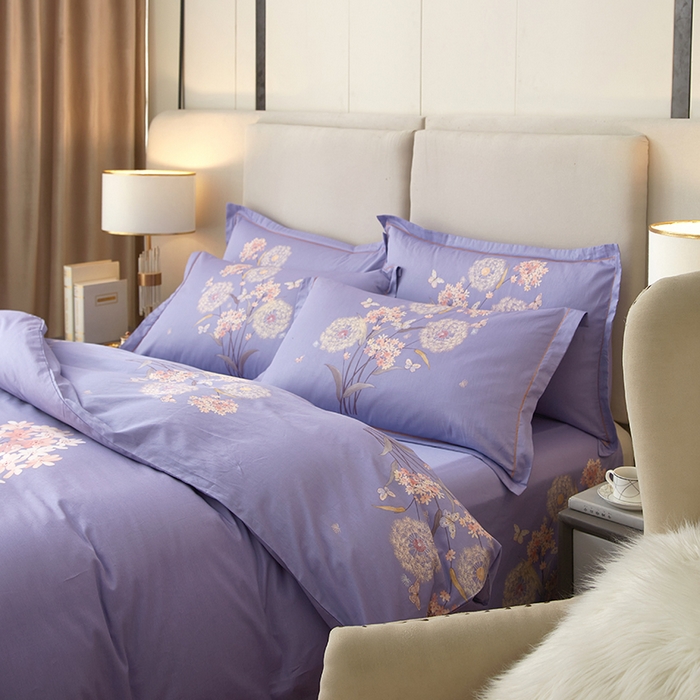 91家纺网 家纺一手货源 找家纺 启航家居 2025春夏直播爆款全棉大版印花四件套 兰亭若梦紫