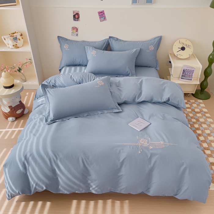 91家纺网 家纺一手货源 找家纺 U品汇 A类全棉色织水洗棉刺绣花四件套纯棉100%床单被套 莫丽-浅蓝