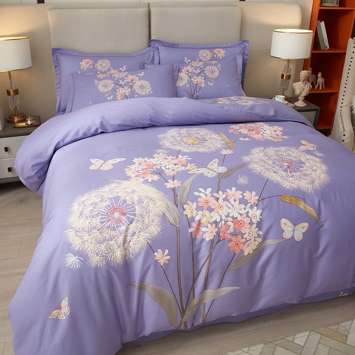 91家纺网 家纺一手货源 找家纺 启航家居 2025春夏直播爆款全棉大版印花四件套 兰亭若梦紫