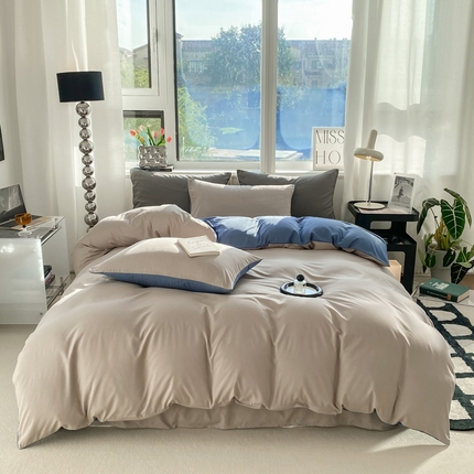 91家纺网 家纺一手货源 找家纺 芷凡家纺 2024新款亲肤棉纯色双拼四件套 灰驼+牛仔蓝