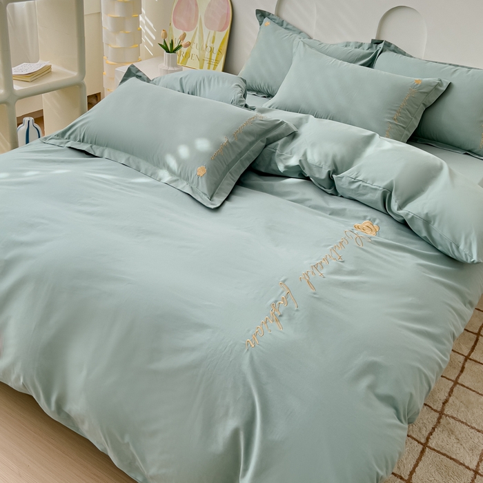 91家纺网 家纺一手货源 找家纺 U品汇 A类全棉色织水洗棉刺绣花四件套纯棉100%床单被套 可可小香-艾草绿