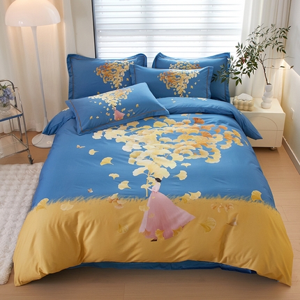 启航家居 2025春夏直播爆款全棉大版印花四件套 拾光剪影兰