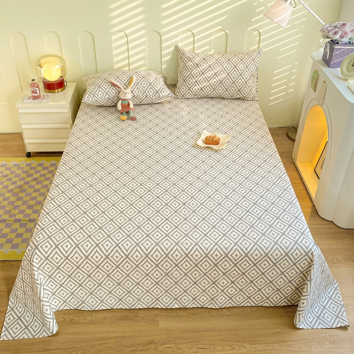 91家纺网 家纺一手货源 找家纺 寐眠 2024新款全棉老粗布印花床单床盖 时尚灰格