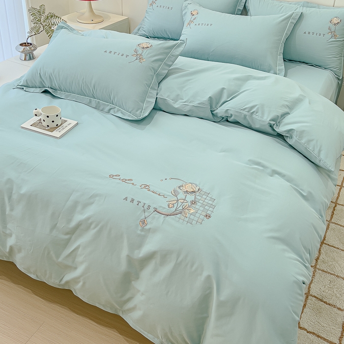 91家纺网 家纺一手货源 找家纺 U品汇 A类全棉色织水洗棉刺绣花四件套纯棉100%床单被套 花野-水碧兰