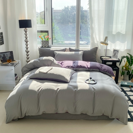91家纺网 家纺一手货源 找家纺 芷凡家纺 2024新款亲肤棉纯色双拼四件套 浅灰+灰紫
