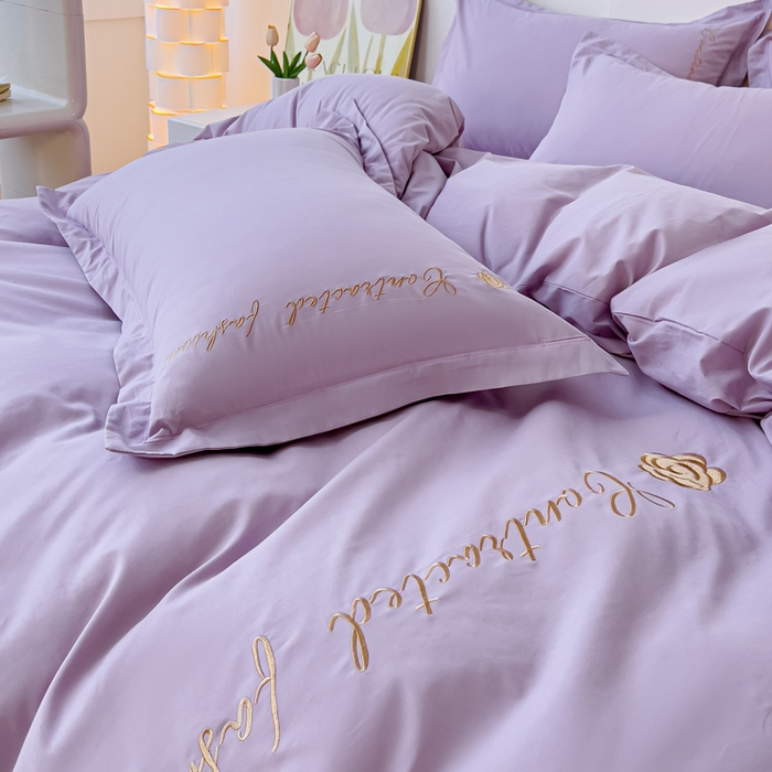 91家纺网 家纺一手货源 找家纺 U品汇 A类全棉色织水洗棉刺绣花四件套纯棉100%床单被套 可可小香-浅紫