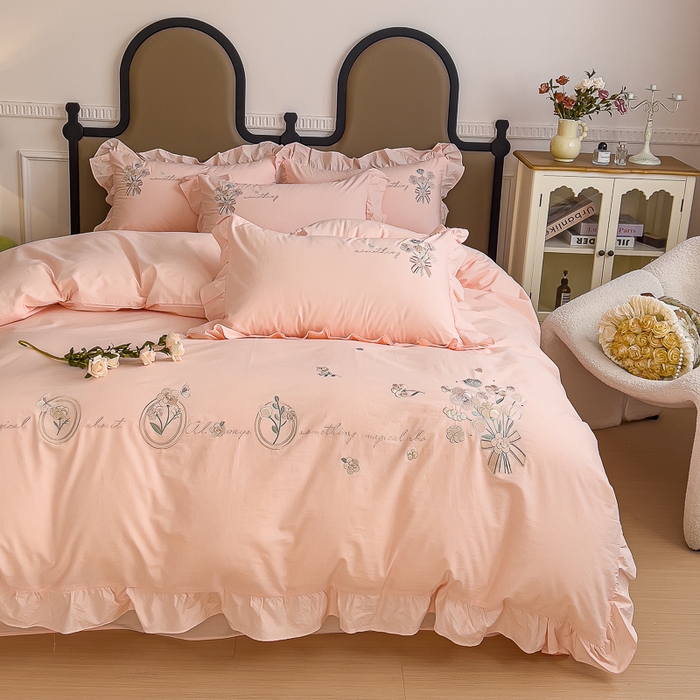 91家纺网 家纺一手货源 找家纺 U品汇 A类全棉色织水洗棉刺绣花四件套纯棉100%韩版小清新 温婉-粉玉