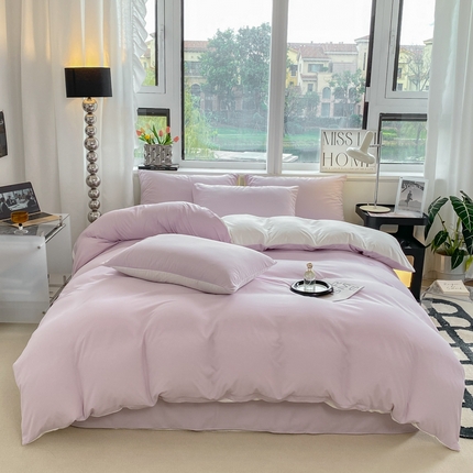 91家纺网 家纺一手货源 找家纺 芷凡家纺 2024新款亲肤棉纯色双拼四件套 丁香紫+奶白