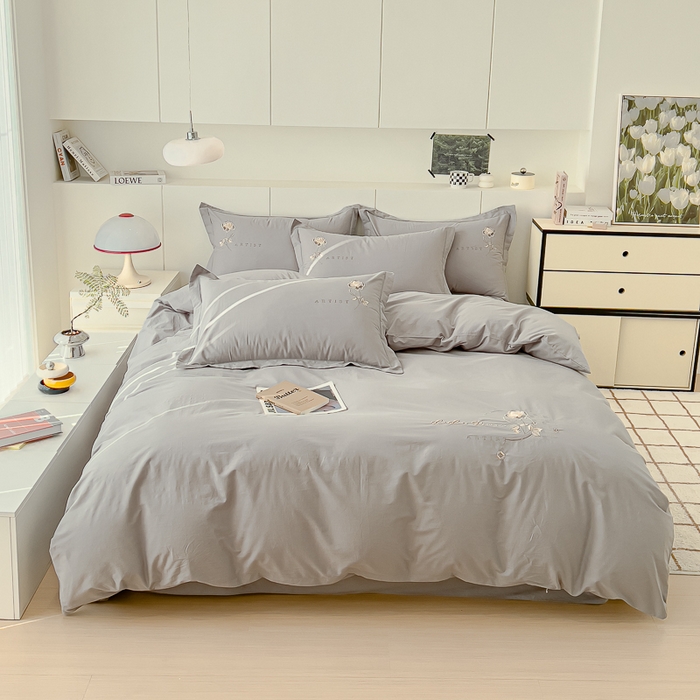 91家纺网 家纺一手货源 找家纺 U品汇 A类全棉色织水洗棉刺绣花四件套纯棉100%床单被套 花野-罗马灰