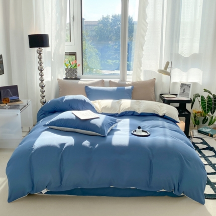 91家纺网 家纺一手货源 找家纺 芷凡家纺 2024新款亲肤棉纯色双拼四件套 牛仔蓝+米白