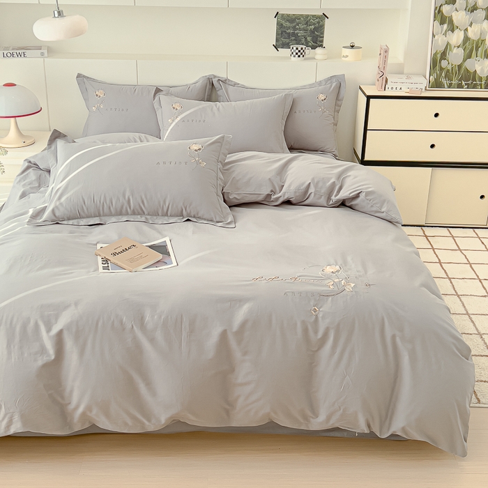 91家纺网 家纺一手货源 找家纺 U品汇 A类全棉色织水洗棉刺绣花四件套纯棉100%床单被套 花野-罗马灰