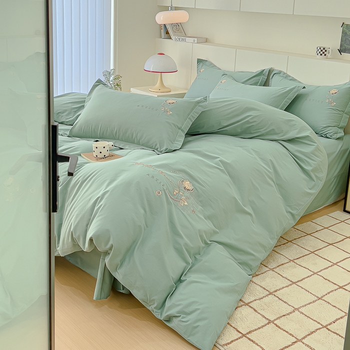 91家纺网 家纺一手货源 找家纺 U品汇 A类全棉色织水洗棉刺绣花四件套纯棉100%床单被套 花野-艾草绿