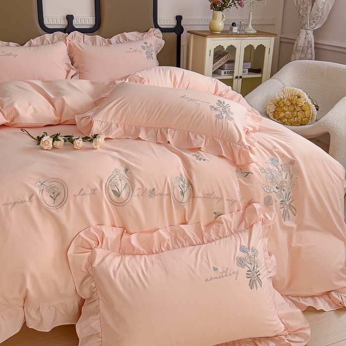 91家纺网 家纺一手货源 找家纺 U品汇 A类全棉色织水洗棉刺绣花四件套纯棉100%韩版小清新 温婉-粉玉