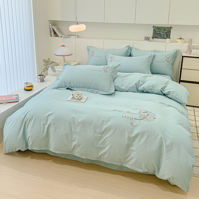 91家纺网 家纺一手货源 找家纺 U品汇 A类全棉色织水洗棉刺绣花四件套纯棉100%床单被套 花野-水碧兰