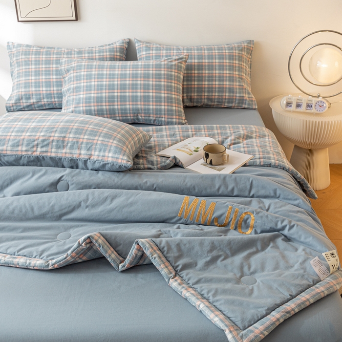 91家纺网 家纺一手货源 找家纺 寐眠 2024新款全棉水洗棉刺绣夏被夏被四件套 冰川苍蓝