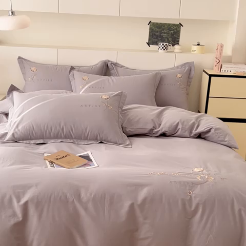 91家纺网 家纺一手货源 找家纺 U品汇 A类全棉色织水洗棉刺绣花四件套纯棉100%床单被套 花野-罗马灰