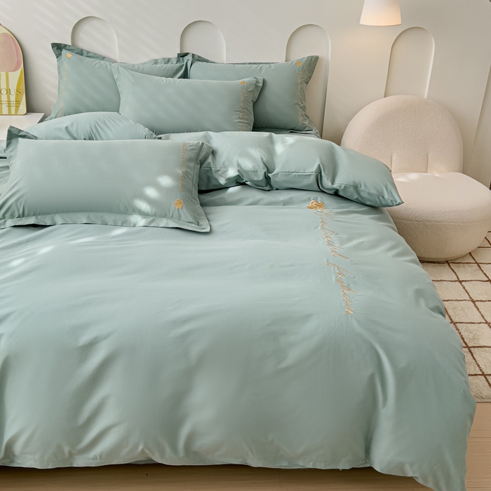 91家纺网 家纺一手货源 找家纺 U品汇 A类全棉色织水洗棉刺绣花四件套纯棉100%床单被套 可可小香-艾草绿