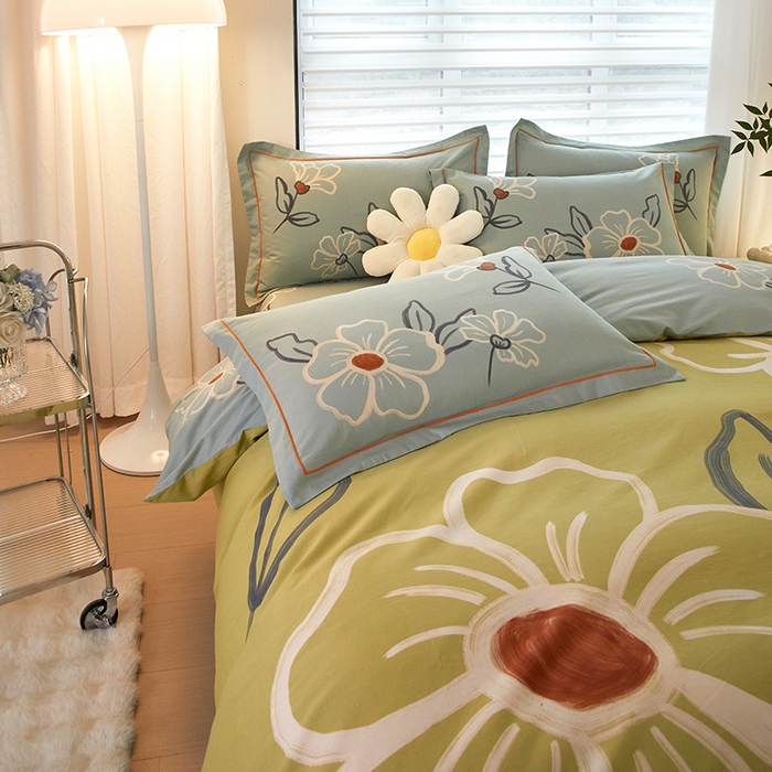 91家纺网 家纺一手货源 找家纺 启航家居 2025春夏直播爆款全棉大版印花四件套 绒朵绿