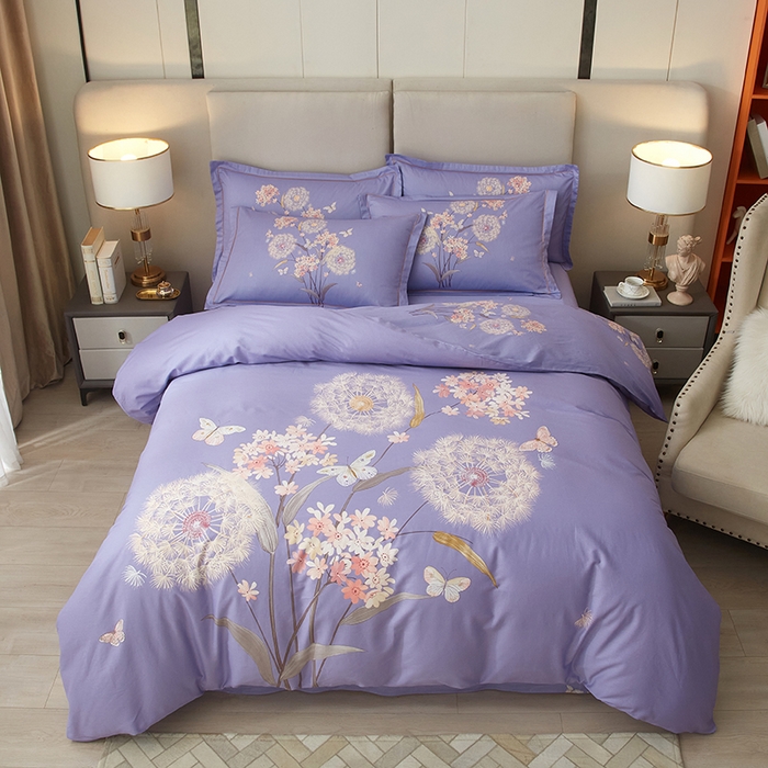 91家纺网 家纺一手货源 找家纺 启航家居 2025春夏直播爆款全棉大版印花四件套 兰亭若梦紫