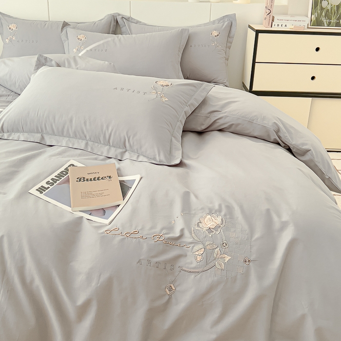 91家纺网 家纺一手货源 找家纺 U品汇 A类全棉色织水洗棉刺绣花四件套纯棉100%床单被套 花野-罗马灰