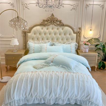 91家纺网 家纺一手货源 找家纺 富米莱（原臻工厂） 2024新款法式高端公主风水洗棉四件套维秘天使维秘天使-冰河蓝
