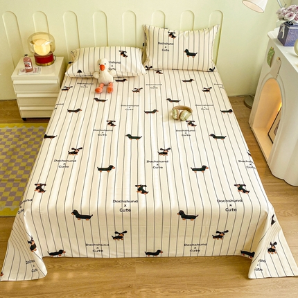 寐眠 2024新款全棉老粗布印花床单床盖 腊肠小狗