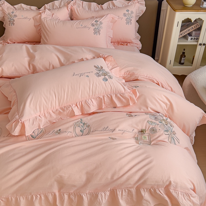 91家纺网 家纺一手货源 找家纺 U品汇 A类全棉色织水洗棉刺绣花四件套纯棉100%韩版小清新 温婉-粉玉