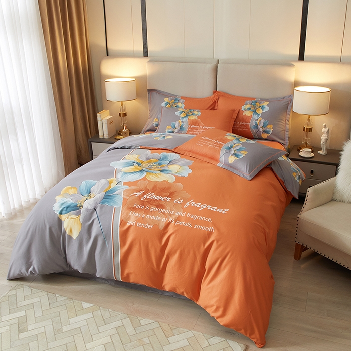 91家纺网 家纺一手货源 找家纺 启航家居 2025春夏直播爆款全棉大版印花四件套 沐雅清风桔