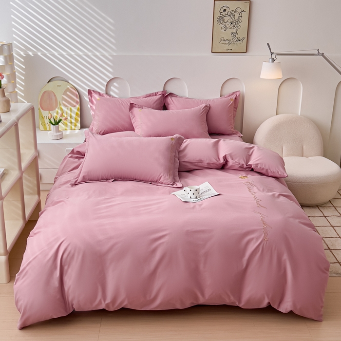 91家纺网 家纺一手货源 找家纺 U品汇 A类全棉色织水洗棉刺绣花四件套纯棉100%床单被套 可可小香-雅朵粉