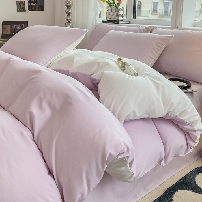 91家纺网 家纺一手货源 找家纺 芷凡家纺 2024新款亲肤棉纯色双拼四件套 丁香紫+奶白