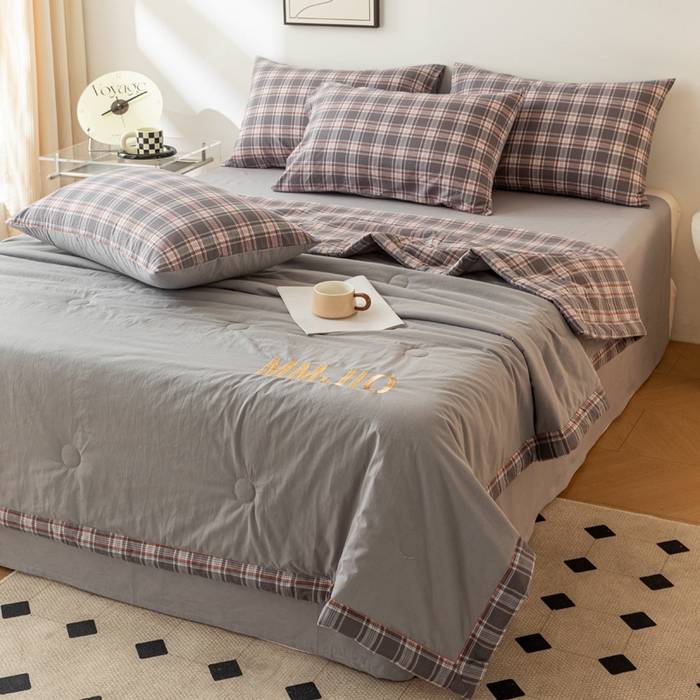 91家纺网 家纺一手货源 找家纺 寐眠 2024新款全棉水洗棉刺绣夏被夏被四件套 冷翠灰棕