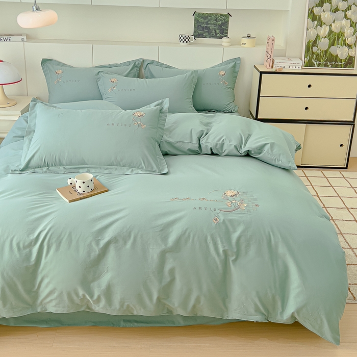 91家纺网 家纺一手货源 找家纺 U品汇 A类全棉色织水洗棉刺绣花四件套纯棉100%床单被套 花野-艾草绿