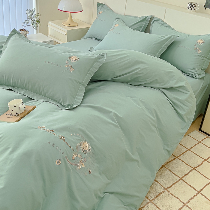 91家纺网 家纺一手货源 找家纺 U品汇 A类全棉色织水洗棉刺绣花四件套纯棉100%床单被套 花野-艾草绿