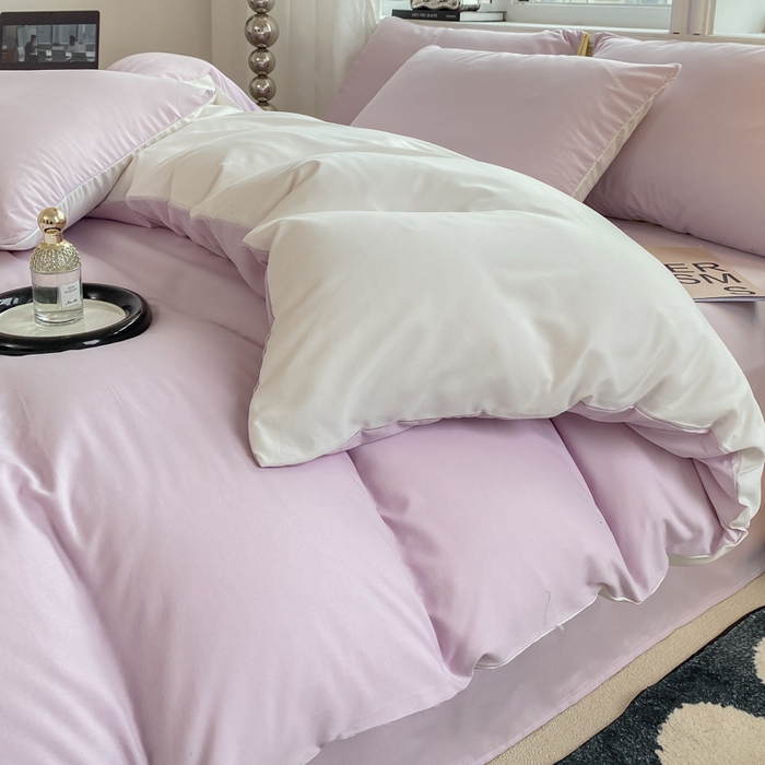 91家纺网 家纺一手货源 找家纺 芷凡家纺 2024新款亲肤棉纯色双拼四件套 丁香紫+奶白