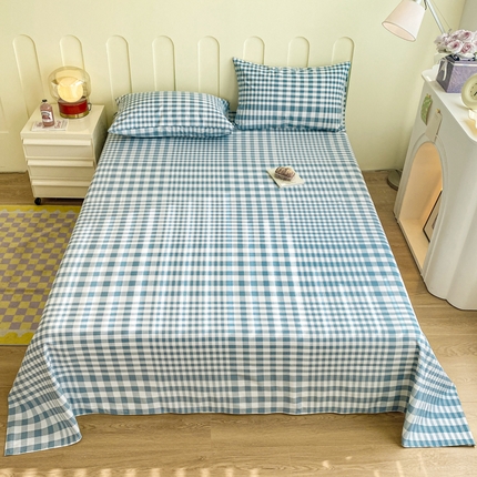 寐眠 2024新款全棉老粗布印花床单床盖 渐变蓝格