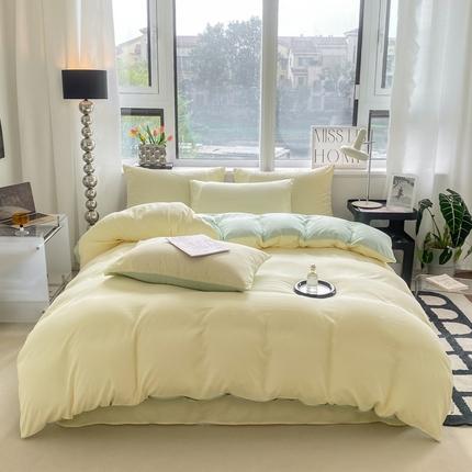 91家纺网 家纺一手货源 找家纺 芷凡家纺 2024新款亲肤棉纯色双拼四件套 奶黄+浅绿