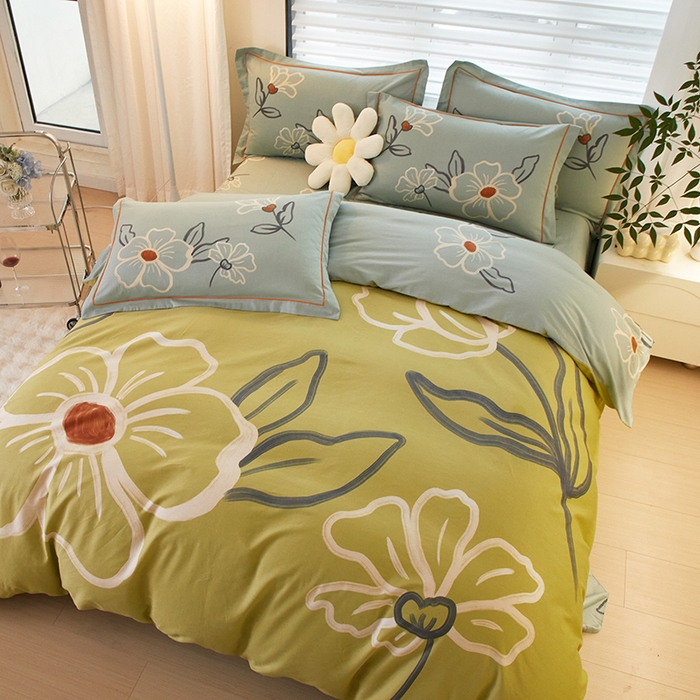 91家纺网 家纺一手货源 找家纺 启航家居 2025春夏直播爆款全棉大版印花四件套 绒朵绿