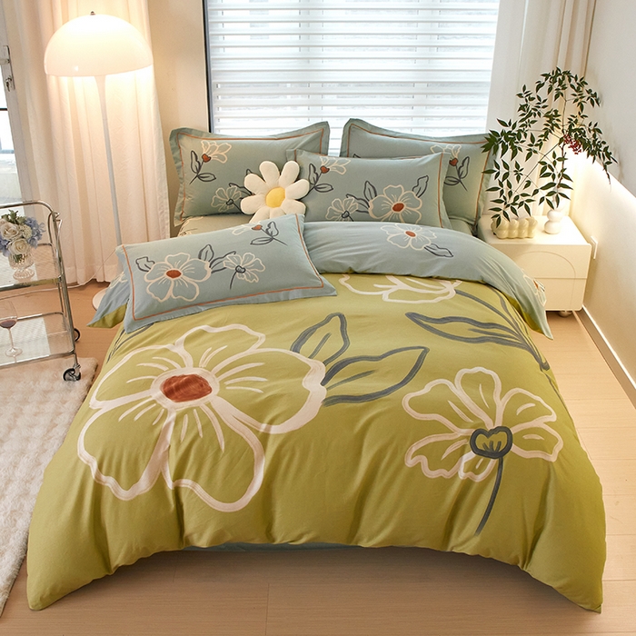 91家纺网 家纺一手货源 找家纺 启航家居 2025春夏直播爆款全棉大版印花四件套 绒朵绿